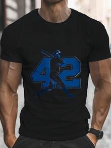 Jugador de béisbol número cuarenta y dos Estampado digital Manga corta Unisex Algodón puro Holgado y cómodo - Negro - Ver 1