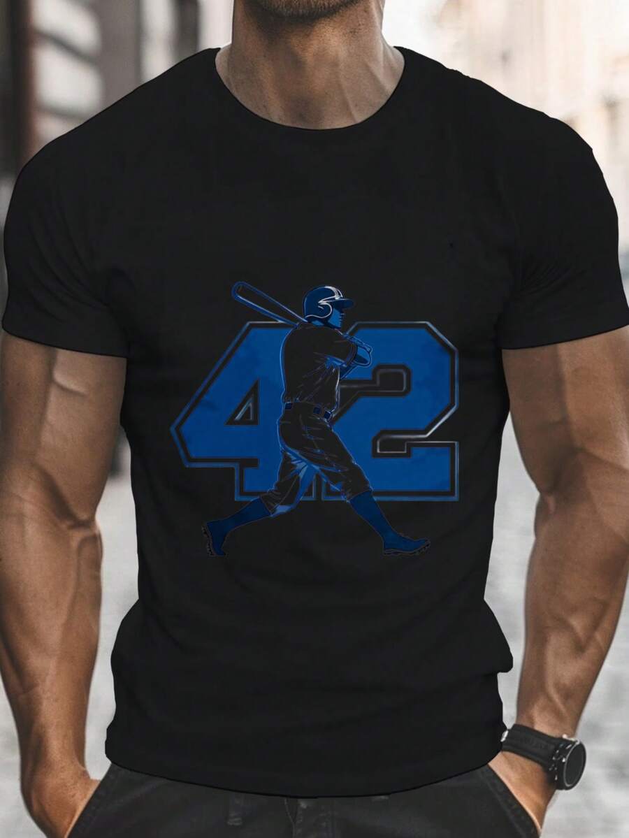Jugador de béisbol número cuarenta y dos Estampado digital Manga corta Unisex Algodón puro Holgado y cómodo - Negro - Ver 1