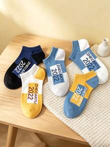 5 Pairs Men's Boat Socks, Blue White Yellow Colorblock Number Print Short Socks, Value Multi-Color Combination, Non-Slip Heel, Pure Cotton, Breathable, Sweat-Absorbent, Odor-Resistant, Anti-Slip, Casual Versatile, Spring Summer Thin Style, Daily Sports Commute Home Socks - Multicolor - View 3