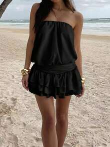 Vaiaye Women's Solid Color Strapless Backless Mini Dress, Elegant Multi-Layer Ruffle Hem Cake Skirt Dress For Summer Party & Beach Black - Black - View 11