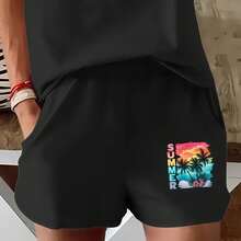 2026 Summer New Style, Colorful SUMMER Text With Coconut Tree Scenery, Casual Printed Round Neck Short Sleeve Top With Elastic Waist Pocket Shorts For Women - 短褲 - 查看 16