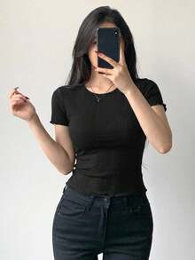 Camiseta de manga larga con hombro asimétrico, volantes y fruncido para mujer - Negro 2 - Ver 1