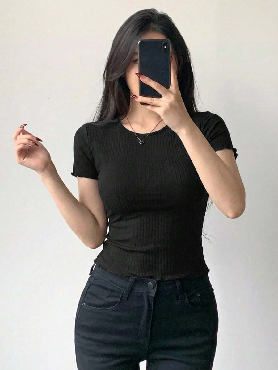 Camiseta de manga larga con hombro asimétrico, volantes y fruncido para mujer - Negro 2 - Ver 1