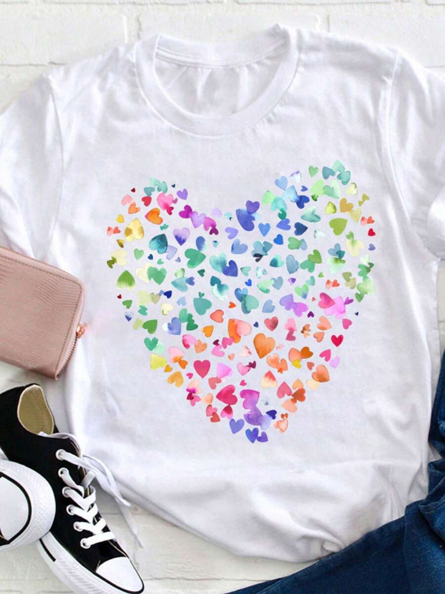 Teacher T-Shirt With Colorful Heart - White - View 1