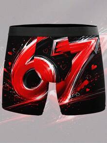 1 Peça Cueca Boxer com Estampa de Coração Vermelho "67", Estilo Graffiti de Amor, Roupa Íntima Masculina, Presente de Aniversário, Presente do Dia dos Namorados, Presente de Aniversário, Presente de Casamento, Presente para Melhor Amigo, Presente para Namorado, Presente para Marido, Presente para Ele - Preto - Visão 4