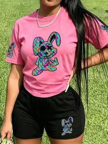 大尺碼女款夏季時尚兔圖案圓領短褲與短袖兩件套，時尚套裝，適合夏季穿著，優雅 - 玫紅色 - 查看 3