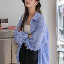 WNS  Camisa de hombros caídos a rayas, Ropa de otoño Blusa de manga larga - Rosa Pálido - Ver 8