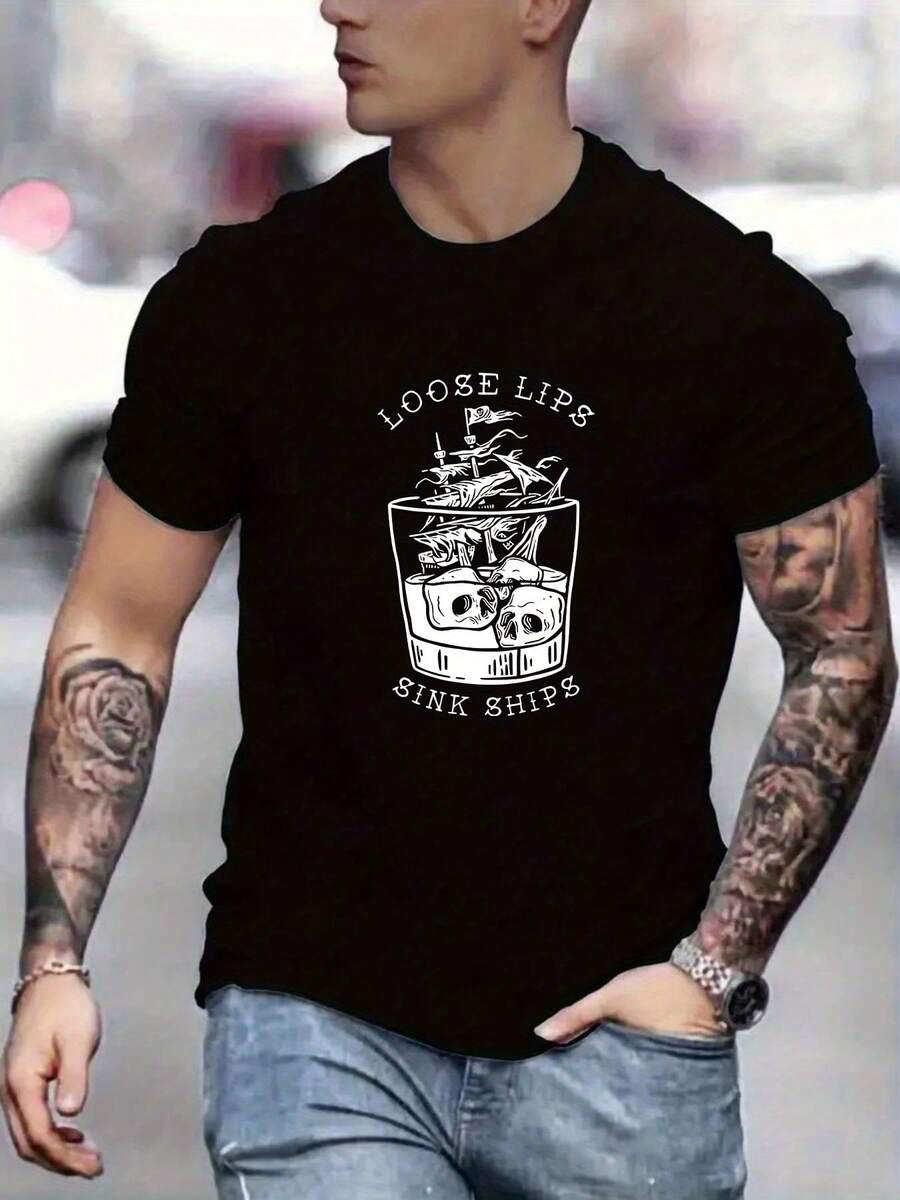 Camiseta de manga corta con cuello redondo para hombre, estilo casual de verano, estampada con las palabras Loose lips sink ship - mezcla de poliéster, ligeramente elástica, tejido de - Negro - Ver 1