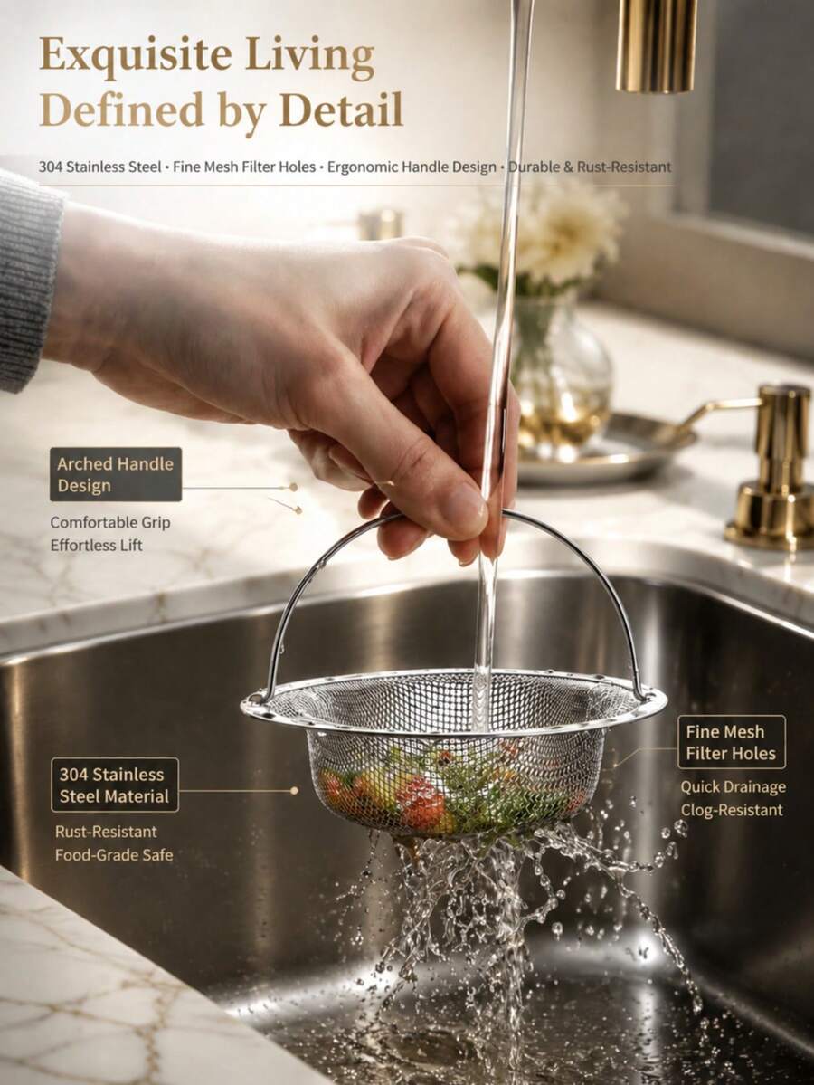 1pc Stainless Steel Sink Strainer With Handle, Rust-Proof Mesh Design, Suitable For Kitchen & Bathroom Sinks, Effectively Prevent Clogging, Ideal For Draining Fruits And Vegetables