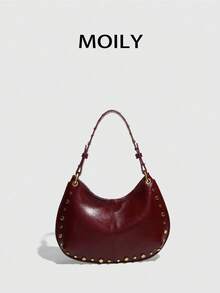 Punk Street Style Rivet Adjustable Shoulder Crossbody Saddle Bag For Women - Burgundy - View 8