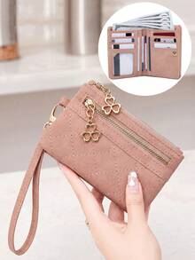 MIYIN Minimalist Vintage Rhombus Women's Wallet, Portable Snap Closure Short Wallet With Dual Zipper Coin Pocket, Card Slots, ID Window, And Wrist Strap - Multicolor - View 10