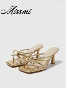 Square Toe Bowknot Decor Sweet Flat Sandals For Women,Summer Shoes - Gold - View 6