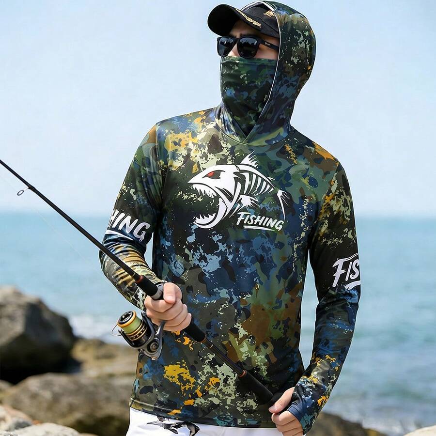2026新款男士戶外防曬連帽釣魚外套，男士長袖T恤衣，附內建臉部防護與拇指孔袖口設計，適合釣魚、徒步、划艇與遠足活動，四季皆宜