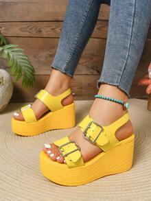 Women's Summer Fashion Shoes, Platform Open Toe Wedge Heel New Yellow Glossy Stylish Thick Bottom Sandals. Versatile High Heel Ladies Anti-Slip Peep-Toe Summer Thick Sole Increased Height Sandals. Adjustable Buckle Design Summer Outdoor Casual Vacation Classic Versatile Women Shoes - Yellow - View 3