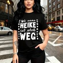 Camiseta de mujer con estampado urbano y frase en alemán "Heike ist auch weg" con diseño de caja punteada y texto blanco - camiseta casual de manga corta, ajuste cómodo y moderno con estilo alternativo - ideal para paseos por la ciudad, encuentros ca - Negro - Ver 8