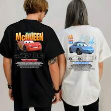 The American Street Style Couple T-Shirt From Disney's "Cars" IP Is Themed Around Lightning McQueen And Sally, Featuring A Back Print Design And Strong  And CP Attributes. It Is A Popular And Popular Graphic T-Shirt For European And American Street Style And Amusement Park Games. Disney Valentine's Day Top Shirt, Disney Couple Shirt, Disney Women's Shirt, Wedding Anniversary Shirt. A Trip To Disneyland, Featuring Loose Shoulder Designs And Soft Cotton T-Shirts That Are Skin Friendly And Comfortable. The Loose Fit Has Strong Body Tolerance And Is Suitable For Both Men And Women. It Is A Popular Choice For Park Dressing, Suitable For Couples, Passionate Couples, And Newlyweds. They Are Perfect For Weddings, Engagements, Brides' Leisure Activities, Couples' Daily Outings, Disney Enthusiasts, Young Couples And Parent-Child Families, Valentine's Day Gifts, And The Best Anniversary Gifts, - Người da trắng - Xem 1