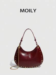 Punk Street Style Rivet Adjustable Shoulder Crossbody Saddle Bag For Women - Burgundy - View 4