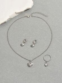 Set de 4 piezas de joyería minimalista de mujer con cristal en forma de corazón: collar, aretes, anillo, versátil para uso diario - Plata-N1053 - Ver 5