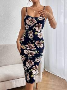 Vestido de tirantes con estampado floral bajo con abertura - Multicolor - Ver 1