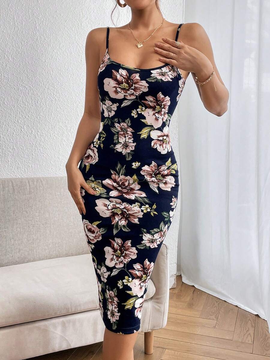 Vestido de tirantes con estampado floral bajo con abertura - Multicolor - Ver 1