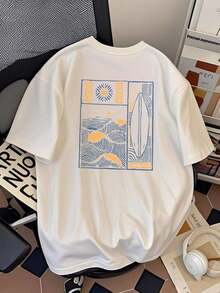 Camisetas de hombre con estampado de olas marinas estilo japonés navideño, 230 g/²,% algodón, ropa de moda, camisetas de manga corta, camisetas casuales de hombre, tallas grandes, artículo popular. - Blanco - Ver 1