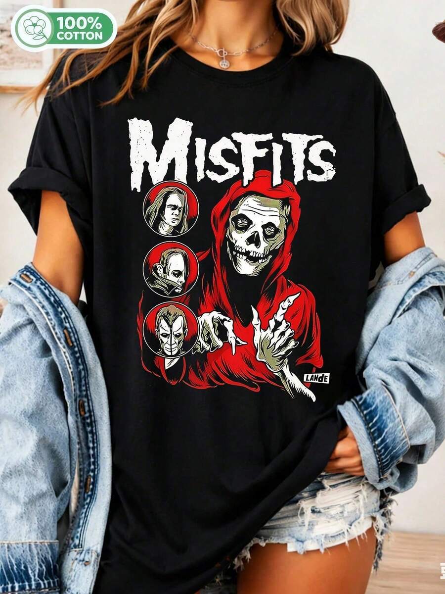 Unisex Cotton T-Shirt With A Punk Horror Misfits Design - Black - View 1