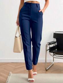 Calça Alfaiataria Social Casual Feminina Bolsos Botão Forrado Elegante Cintura Alta Confortável - Azul Marinho - Visão 8