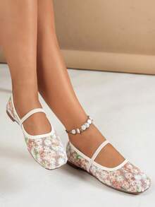 Women's Knitted Square Toe Flats, Scalloped Edge & Quilted Lining, Slip-On Casual Office Shoes For Spring Autumn - Beige - View 2