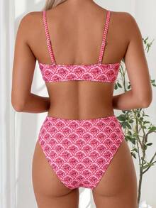 Women's Summer Beach All-Over Print Spaghetti Strap Bikini And Triangle Briefs Swimwear Set Vacation - Pink - View 3