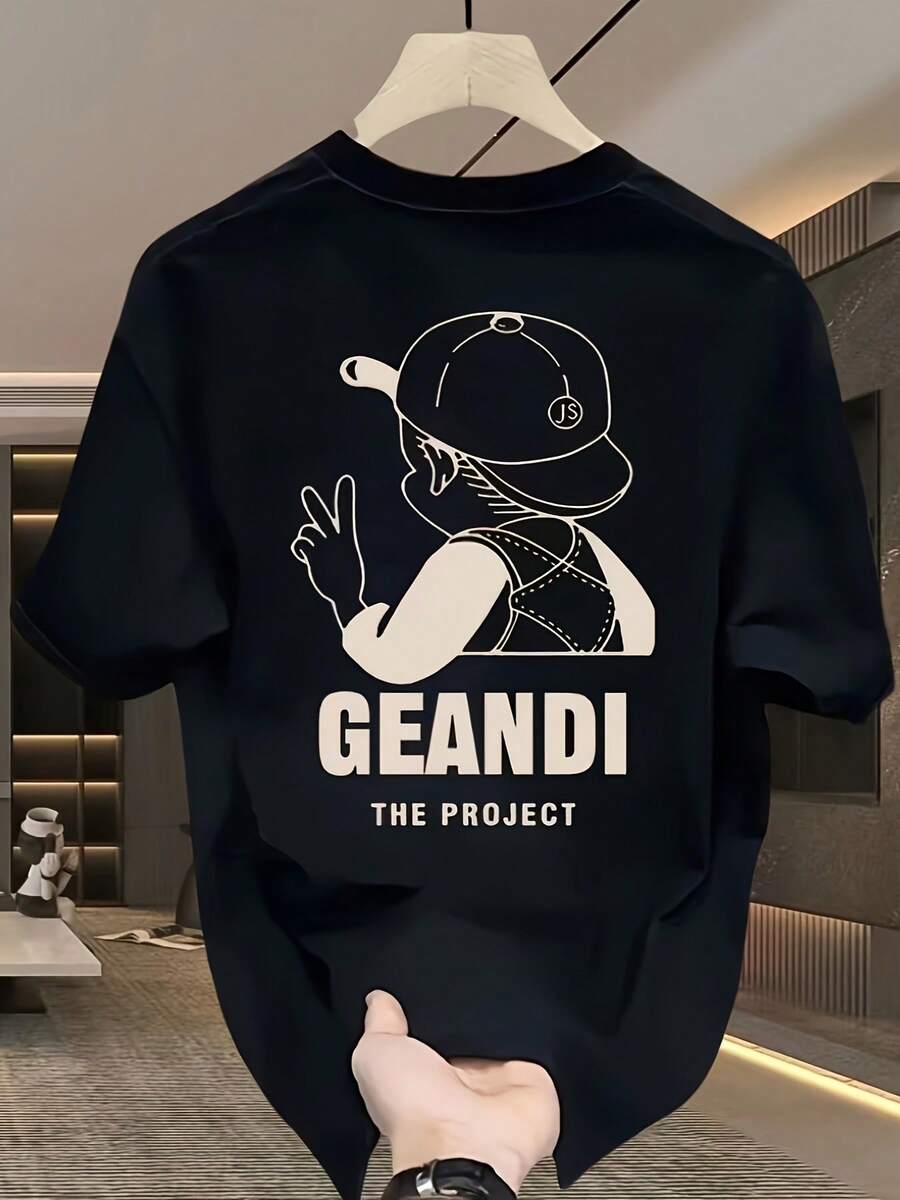 Camiseta de Manga Corta Holgada para Hombres, Estilo Casual y Moderno, Talla Grande, Nueva Moda de Verano, Algodón Puro, Estampado, Marca de Moda - Negro - Ver 1