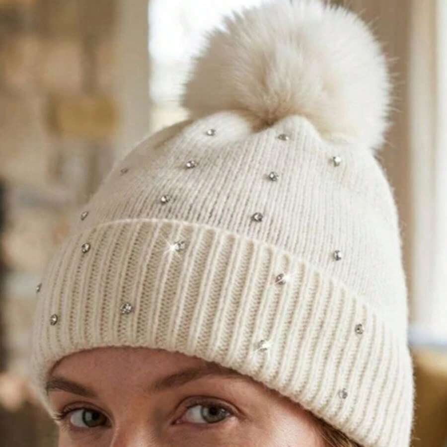 Women's Winter Thermal Hat With Glitter, Hypoallergenic, Lined With A Cute And Stylish Pom-Pom, Warm And Stylish. - MYA-41 branco c/ pedrinhas - 查看 1