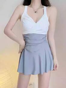 New Summer Collection Women's One-Piece Swimsuit, Two-Tone White X Blue, Cross Back, Ribbon Detail, Sexy, Beach, Pool, Swimming - Gray - View 8