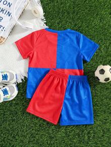 2pcs/Set Boys Two-Tone Design Number "10" Graphic Crew Neck Short Sleeve T-Shirt & Elastic Waist Shorts Set, Spring/Summer Casual Football Training Outfit, Sports College Style, Suitable For Graduation & Back To School, Running & Exercise - Multicolor - View 3