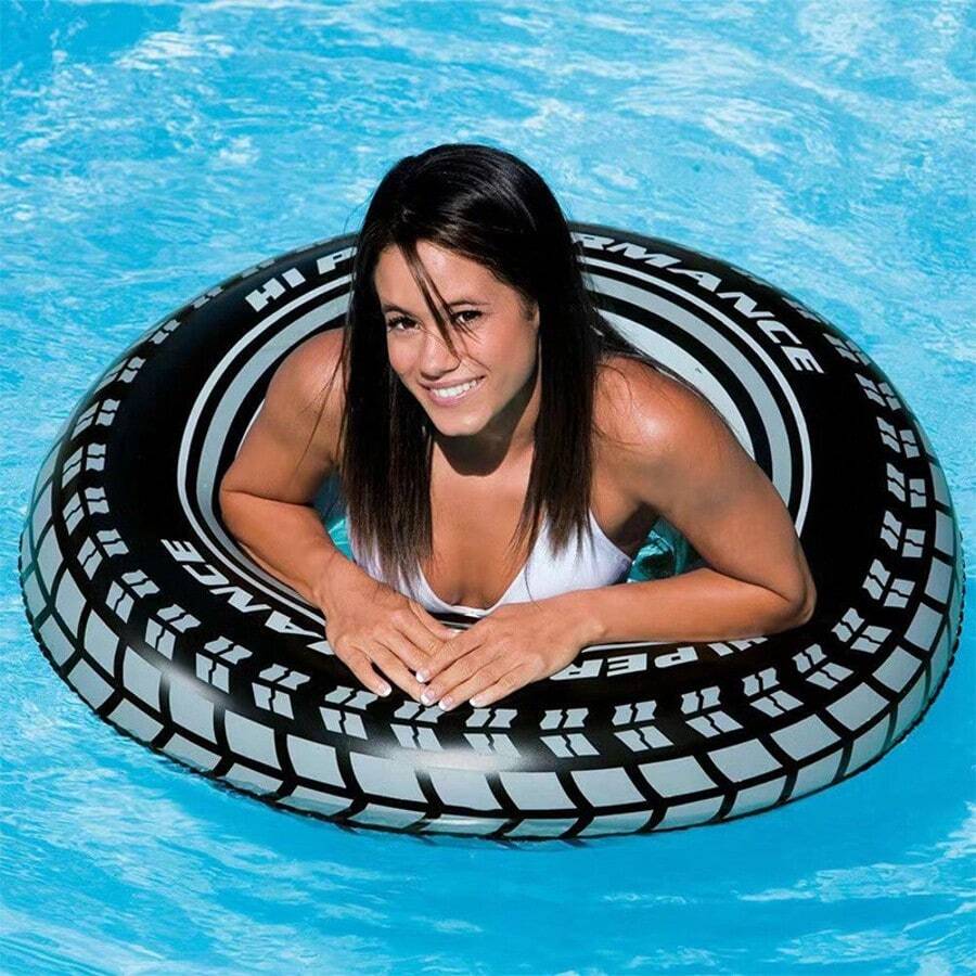 Giant Tyre Swim Ring, Inflatable Pool Tube With Realistic Car Tyre Print, Black Water Float For Summer Pool And Beach Use Max 60kg - Black - View 1