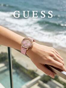 Guess Jam Tangan Multifungsi Wanita Warna Rose Gold, Tali Silikon Merah Muda, Bezel Bertabur Kristal, Dial Berlian Imitasi, Kronograf, Jam Tangan Wanita Berkilau yang Modis - Satu-Ukuran - View 3