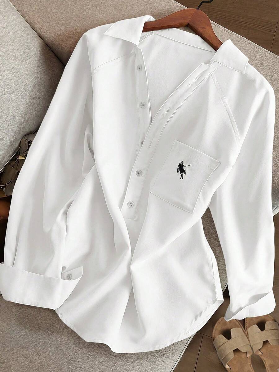 de mujer de unicolor, ajuste holgado, cuello en V, manga larga, con diseño bordado de caballero - Blanco - Ver 1