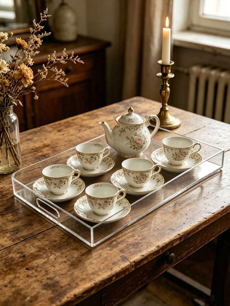 1pc Transparent Acrylic Tray, Modern Minimalist Desktop Organizer, Light Luxury Style, Suitable For Perfume, Skincare, Bathroom Countertop, Coffee Table And Kitchen Storage, Multi-Functional Home Decor Tray - Transparent - View 1