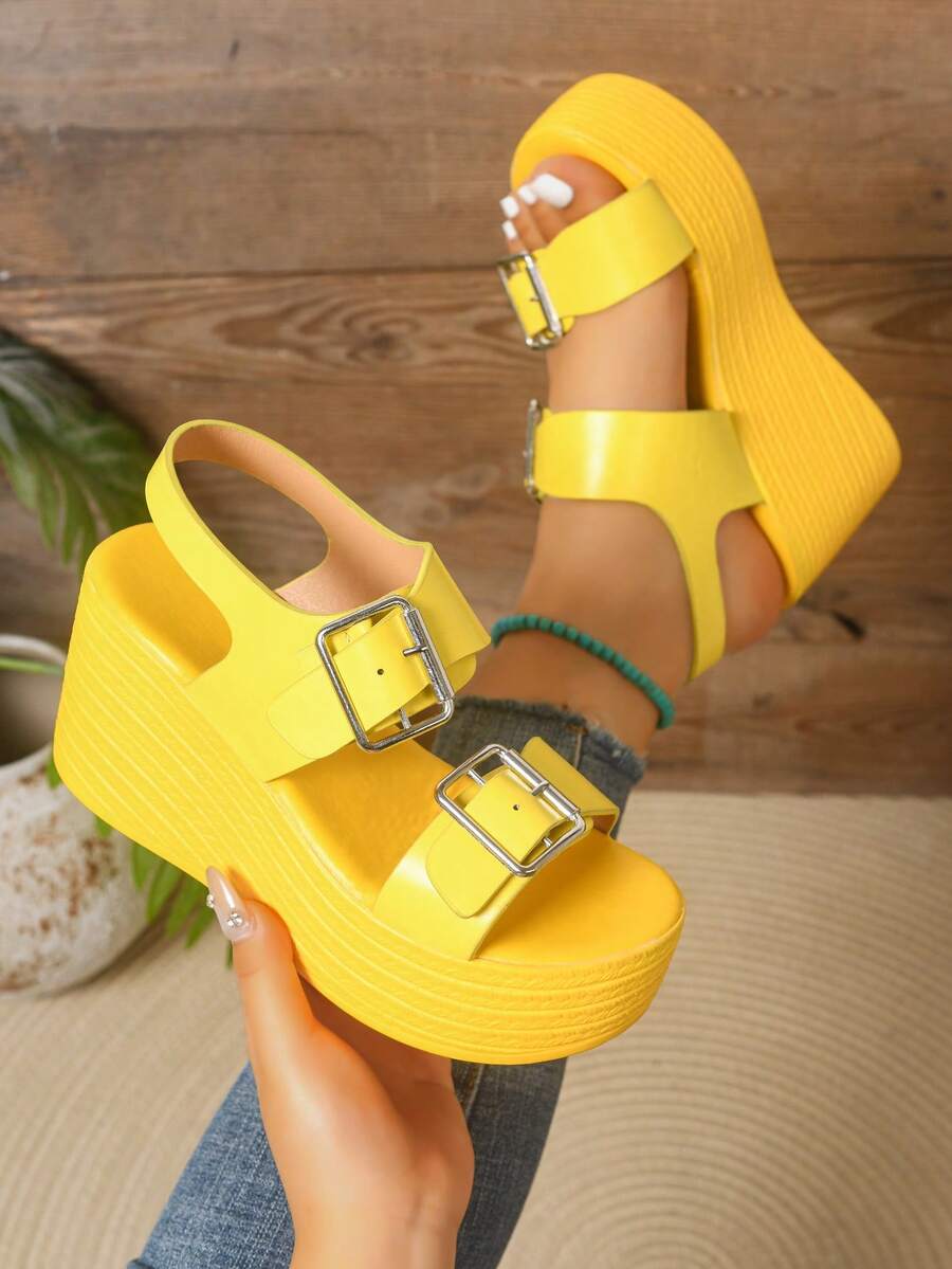 Women's Summer Fashion Shoes, Platform Open Toe Wedge Heel New Yellow Glossy Stylish Thick Bottom Sandals. Versatile High Heel Ladies Anti-Slip Peep-Toe Summer Thick Sole Increased Height Sandals. Adjustable Buckle Design Summer Outdoor Casual Vacation Classic Versatile Women Shoes - Yellow - View 1