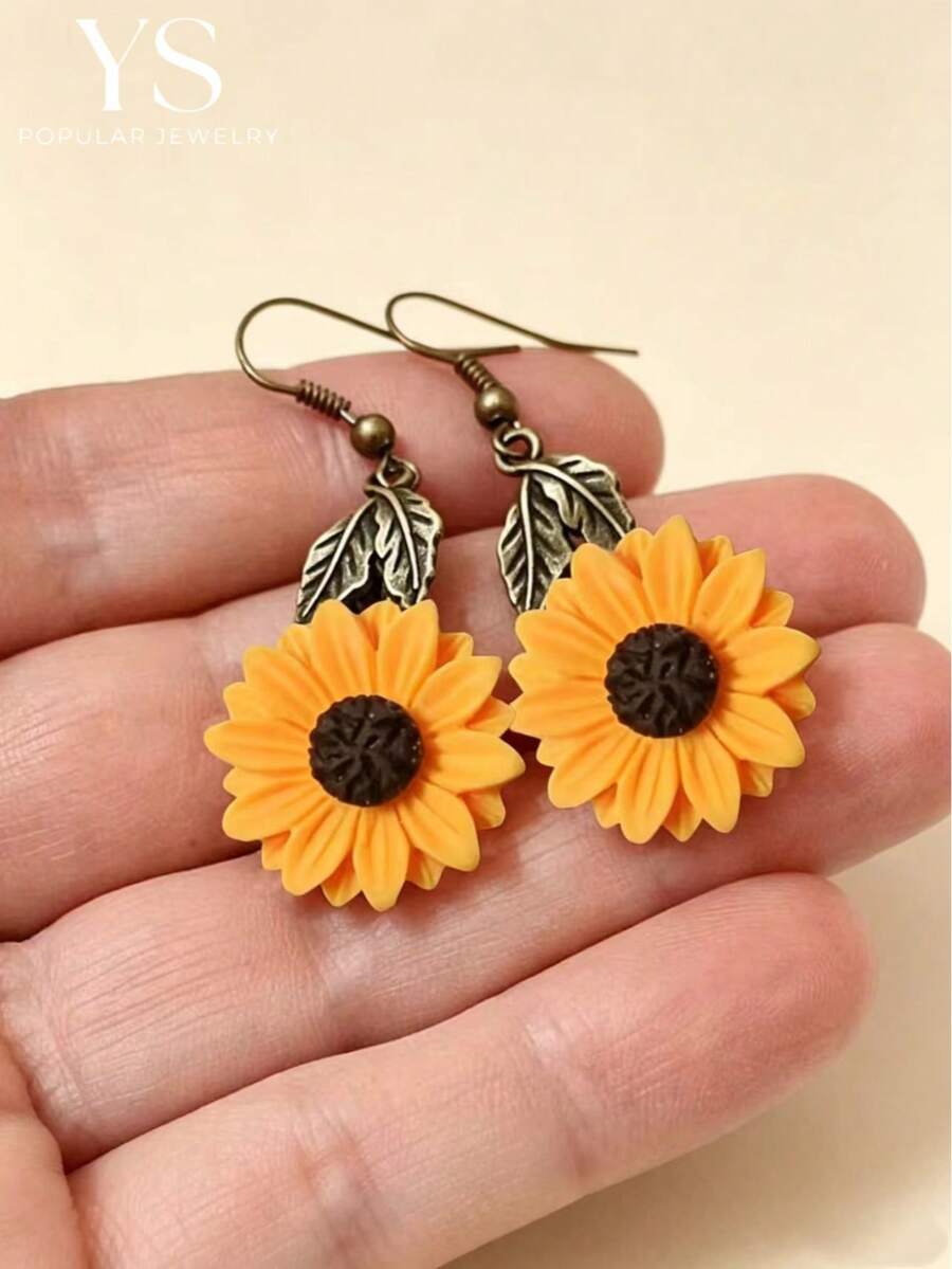 1 đôi bông tai hình hoa hướng dương, bộ trang sức hoa vàng mạ hợp kim cổ điển dành cho váy của phụ nữ phù hợp với ngày lễ tình nhân