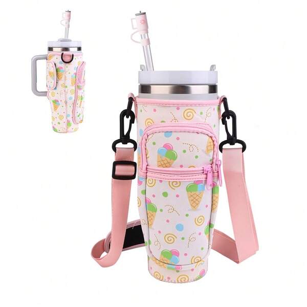 Pink Ice Cream Water Bottle Sleeve, With Phone Pocket And Adjustable Strap, Designed For 30/40oz Insulated Water Bottle. It Is A Durable Carrying Pouch Suitable For Hiking And Camping Adventures