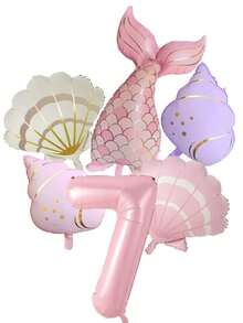 6pcs Mermaid Tail Shell Conch Number Balloon Set Pink 1-9 Foil Balloons Ocean Theme Balloons For Girl Birthday Baby Shower Decorations - Mermaid Shell - View 8