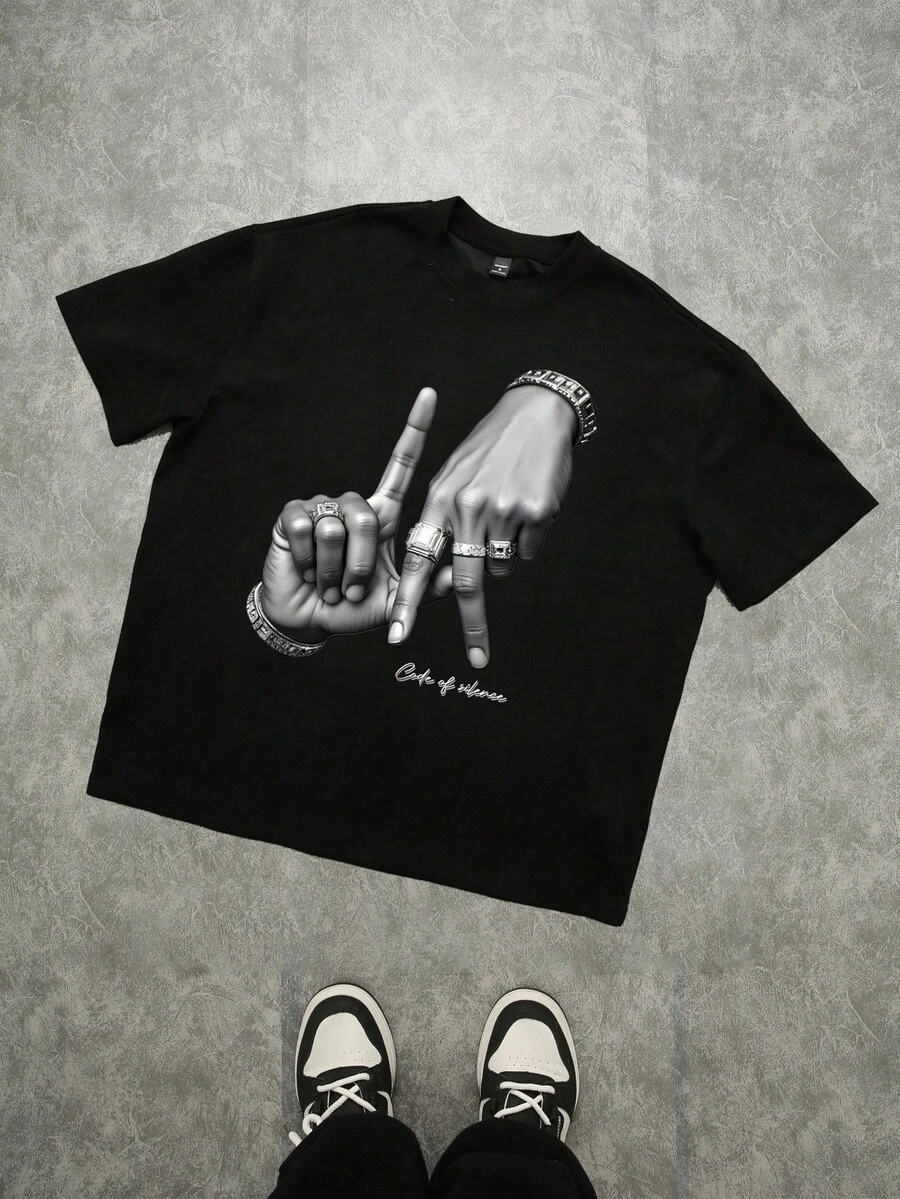 Black Drop-Sleeve-Shirt With Los Angeles LA Hand Gesture Print Men, Street Style Shirt Men, Summer Shirts, Graphic Shirt, Father's Day. - Black - View 1