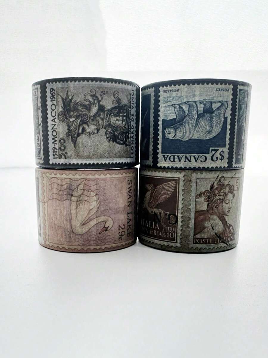 1roll Retro Stamp Pattern Creative Washi Tape, Exquisite Plant And Animal Floral Classic Print Design Tape, Multi-Color Simple Washi Tape, Used For Decorating Scrapbooks, DIY Stationery, And Gift Box Packaging - Single Piece - View 1
