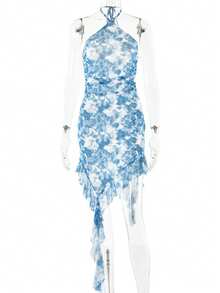 Vestido Nuevo Estampado Cuello Colgante Espalda Descubierta - Azul - Ver 5