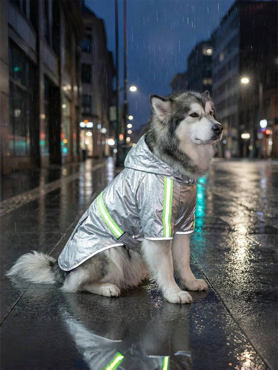 1件反光防水狗雨衣,連帽輕量寵物雨夾克附安全條紋,適用於小型至大型犬雨天戶外散步,銀色 - 彩色 - 查看 1