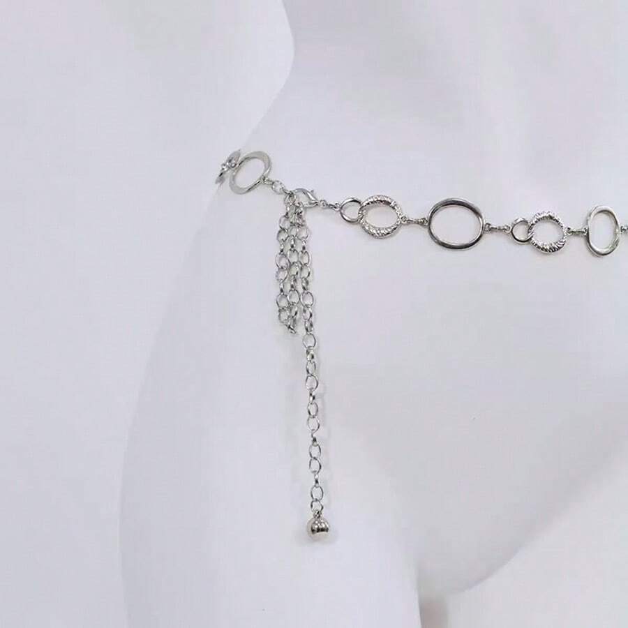 Metal Chain Decor Waist Belt, Minimalist Versatile Waist Chain Accessory For Dresses, Hollow Circle Design - Silver - View 1