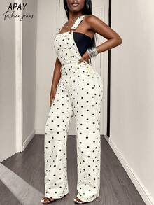 Off-White Polka Dot Print Wide Leg Women's Denim Overalls, Adjustable Shoulder Straps Front Pocket Loose Denim Jumpsuit, Casual Cute Slimming Youthful Overalls - White - View 7