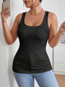 1pc Solid Color Fitted Wide Strap Tank Top, Built-In Padded Cups, Basic Layering Top For Home And Commute - Black - View 3