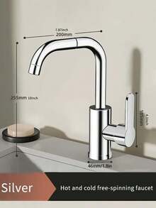 720° Rotating Dual-Purpose Kitchen Faucet, Stainless Steel Rotating Bathroom Faucet With Separate Hot And Cold Control, Built-In G1/2 Inch Inlet Hose, High-Pressure Spray Nozzle, Stainless Steel Brushed Finish, Potable Hot And Cold Mixed Water, Single Hole Installation, Modern Design, Suitable For Kitchen And Bathroom Sinks, Kitchen Vegetable Basins And Home Washbasin Faucets, Essential Modern Home Accessory - Silver - View 4
