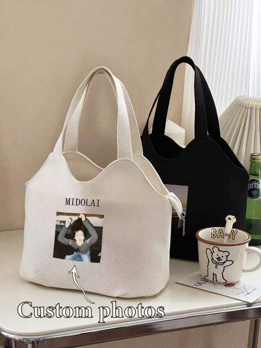Customizable Photo/Image Canvas Tote Bag, Large Capacity Side Zipper Design, Daily Commute Canvas Bag, Black/White/Khaki Three Colors Available, Minimalist Casual Style Handbag, Customizable Personal Photo/Pattern, Suitable For Students And Office Workers For Daily School, Commute, And Outings - Multicolor - View 1